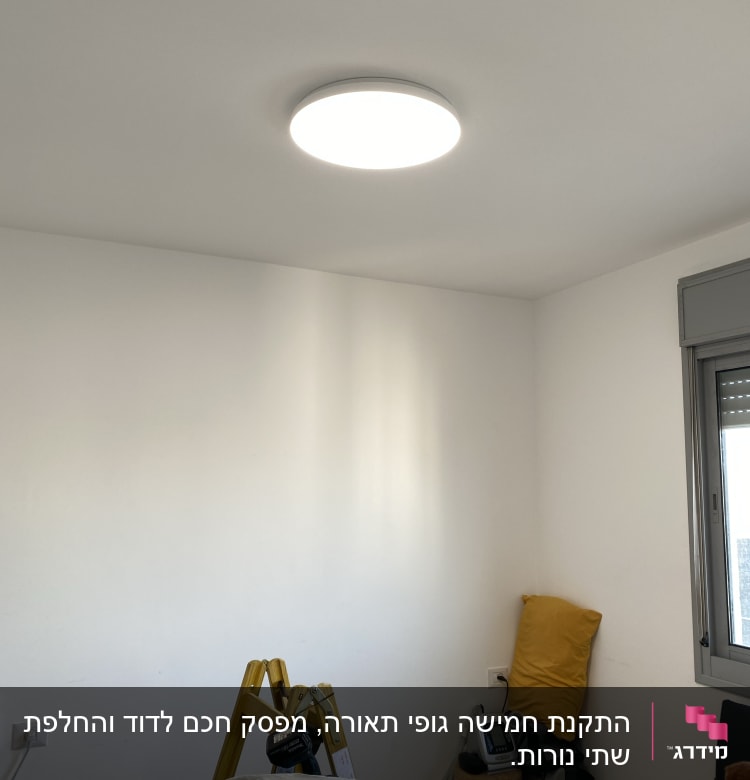 סולם צהוב, מנורה עגולה דולקת, כלי עבודה חשמליים